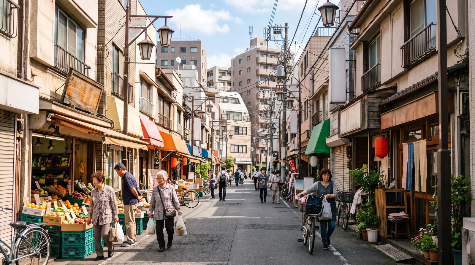 晴れた朝の下町の商店街。手前に八百屋の店先と買い物袋を提げた通行人、色とりどりの日よけテントが続き、奥に中層のビルとマンションが重なって見える