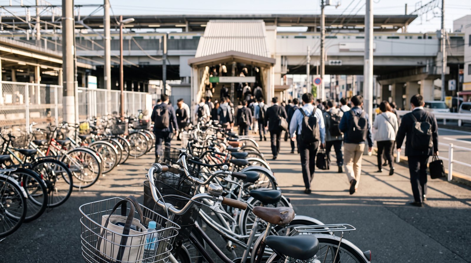 朝の通勤時間帯、高架の鉄道駅へ向かう人々と駅前通りに並ぶ商店・駐輪した自転車