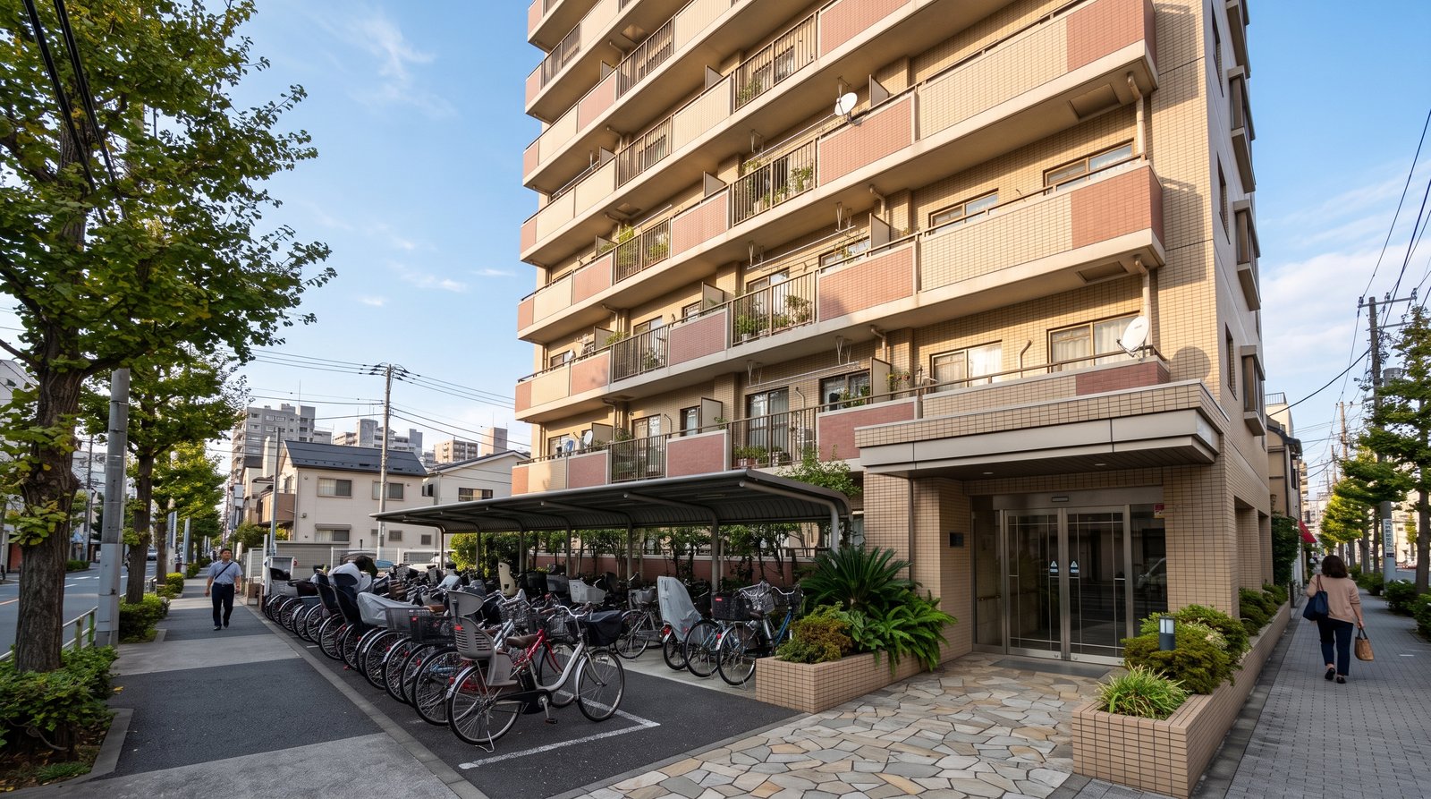 街路樹のある歩道から見上げた中層のファミリーマンションと、手前に並ぶ駐輪場の自転車、右手のタイル張りエントランス