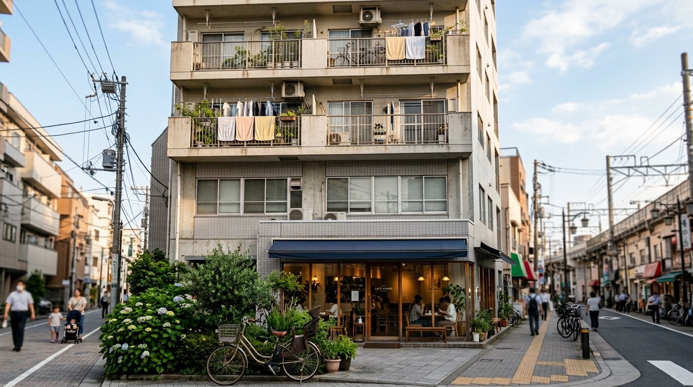 下町の駅前通りに建つ鉄筋コンクリート造の複合ビル。1階は紺色のひさしのカフェ、上階には事務所の窓と洗濯物の干された住戸のバルコニーが並び、手前の歩道に自転車とアジサイの植栽がある