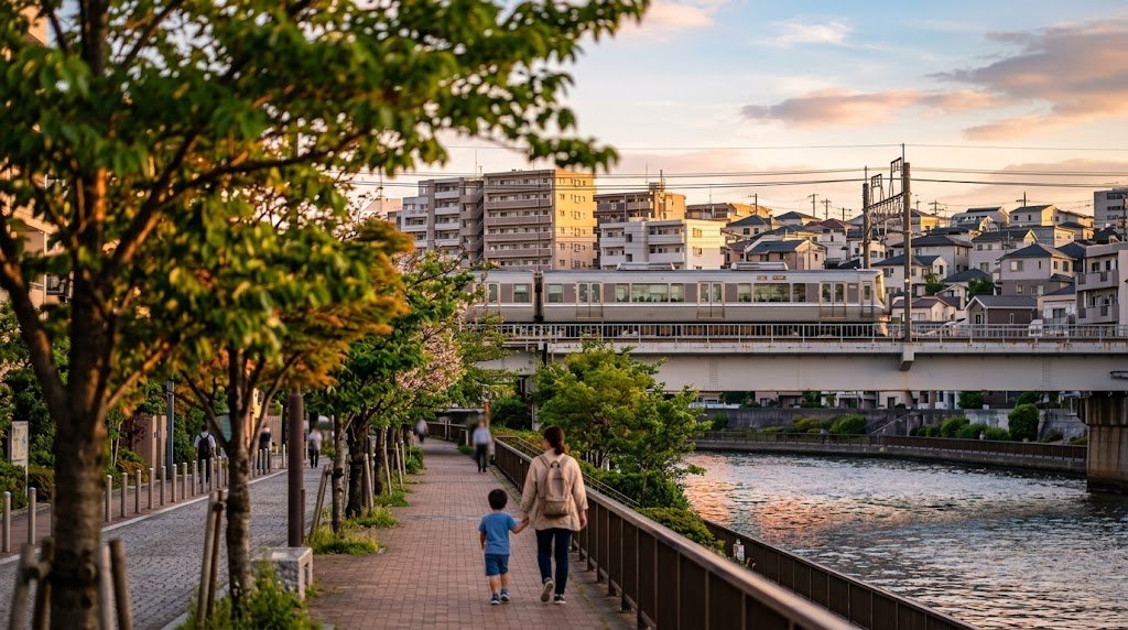 夕暮れの川沿いの遊歩道を歩く親子と、高架を走る通勤電車、その奥に広がるマンションと戸建ての住宅地