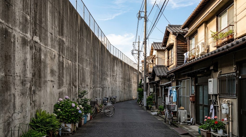 下町の細い路地。左側に家の二階の屋根より高いコンクリートの堤防が続き、右側に瓦屋根の木造二階建て住宅と自転車、鉢植えが並ぶ