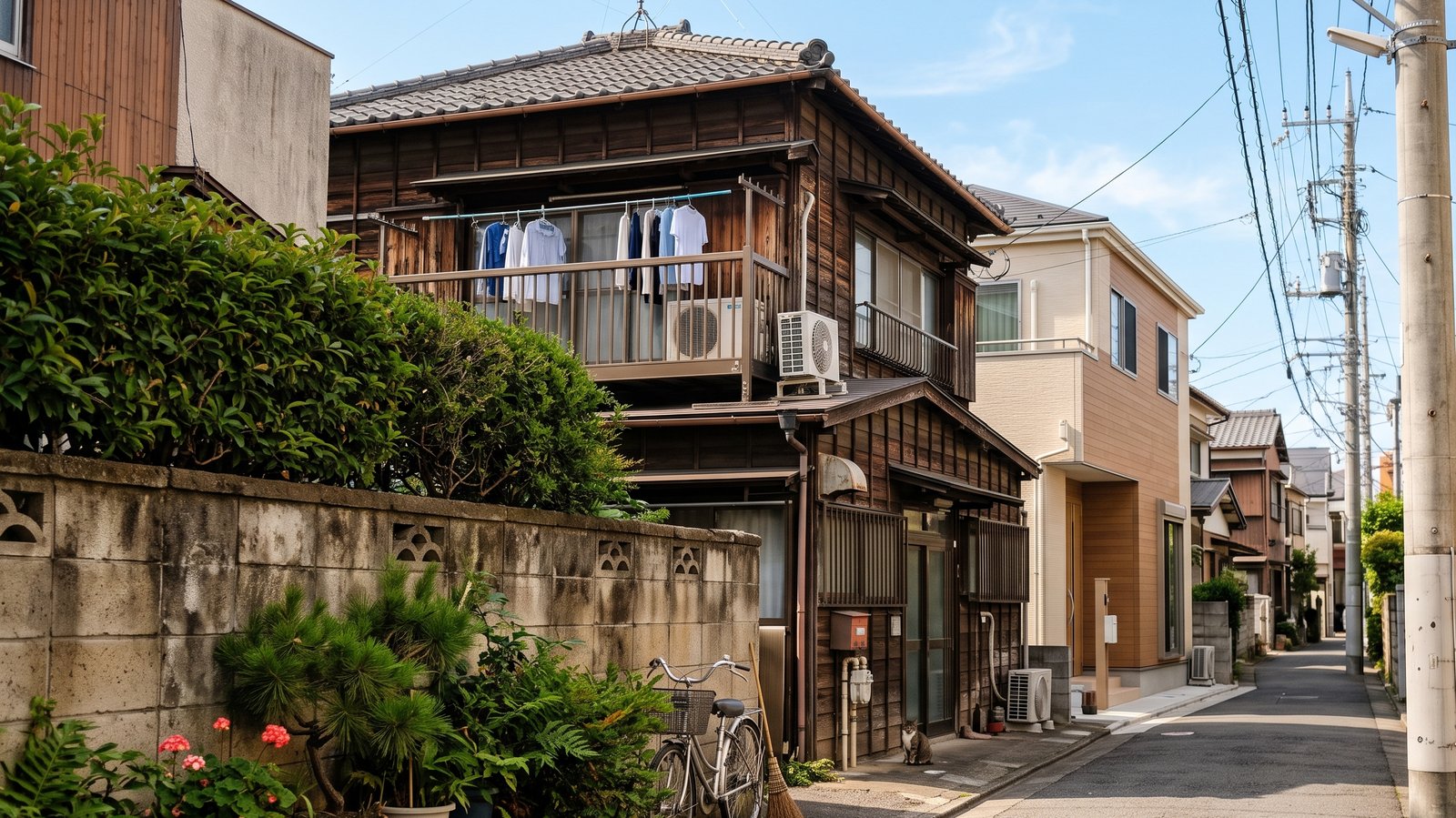 江戸川区の旧市街に残る木造二階建て住宅と、隣に建て替えられた新しい住宅が並ぶ路地