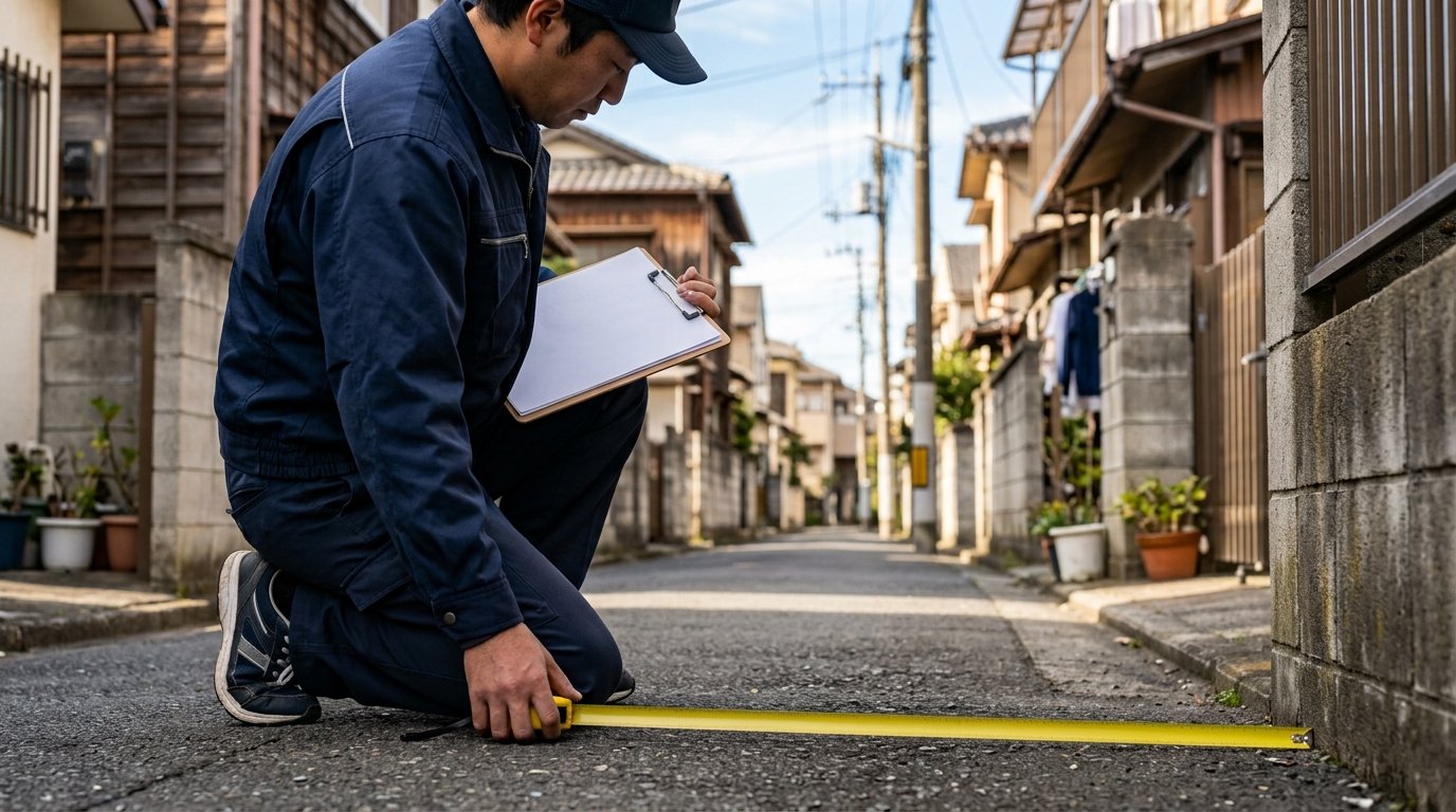 晴れた朝の下町の細い生活道路で、紺色の作業着の調査員が片膝をつき、クリップボードを手に黄色い巻き尺を路面に当てて道路の幅を測っている。両側にブロック塀と木造二階建ての住宅、電柱が奥へ続いている