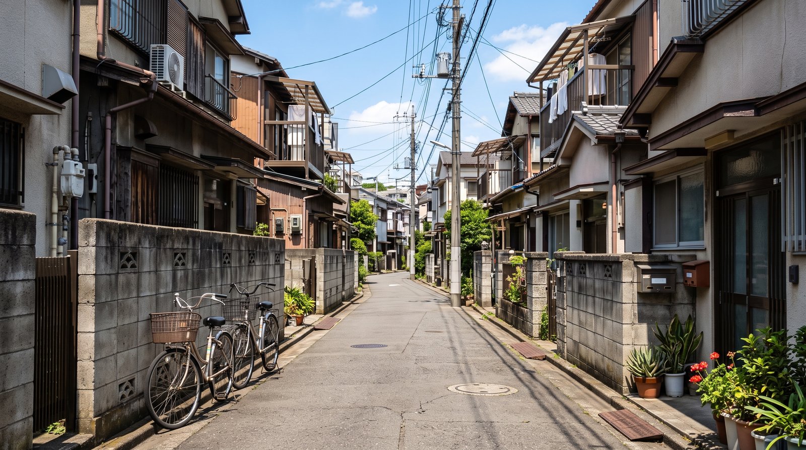晴れた日中、両側にコンクリートブロック塀と築年数の異なる二階建て住宅が並ぶ、幅の狭い私道を奥へ見通した眺め
