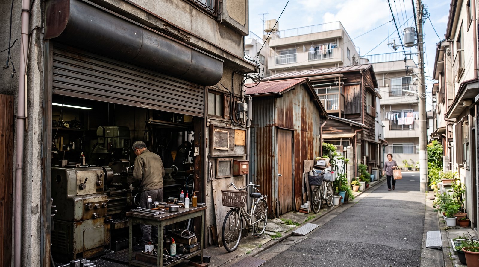 下町の狭い路地に面した町工場。シャッターが半分開いた作業場で職人が旋盤に向かい、隣に波板トタン張りの倉庫、奥に木造住宅と中層マンションが続く