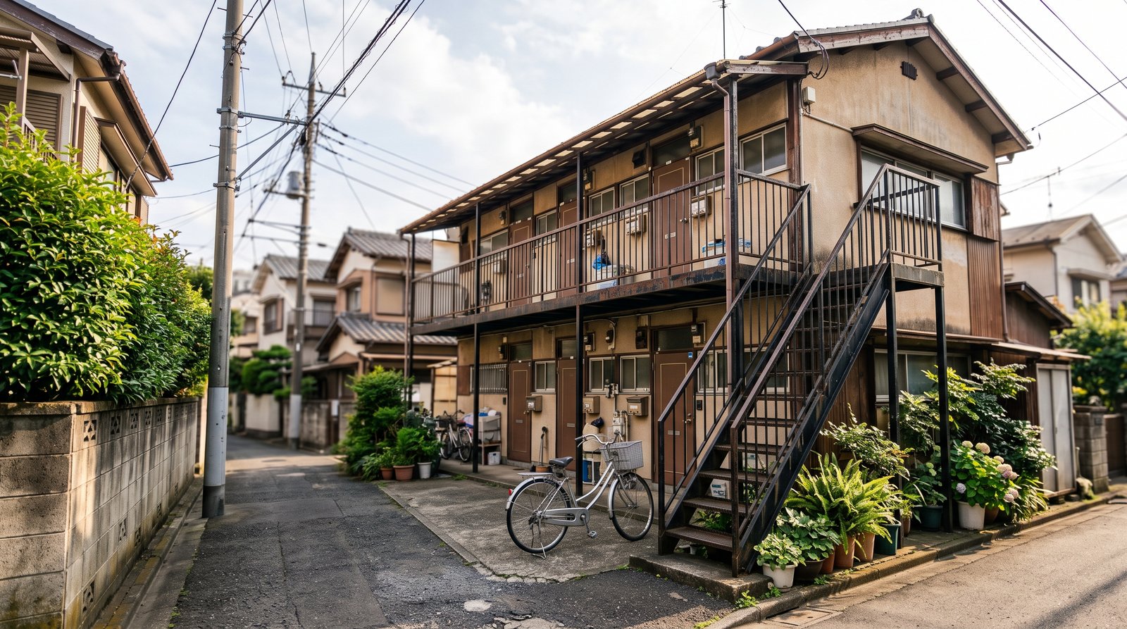東京下町の細い生活道路に面した木造2階建てアパート。外付けの鉄骨階段と2階の共用廊下があり、手前に自転車と植木鉢、左手に生け垣と電柱が続く