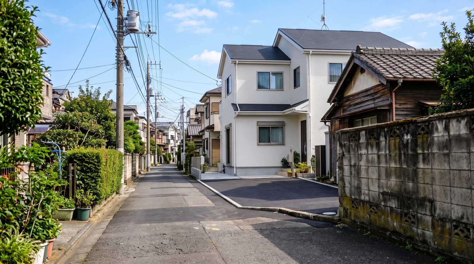 晴れた下町の狭い生活道路。右手の白い新築二階建て住宅は道路から後退して建ち、前の後退部分が新しいアスファルトで舗装されている。その手前の古い木造住宅はブロック塀が道路際まで張り出し、道の端に段差ができている