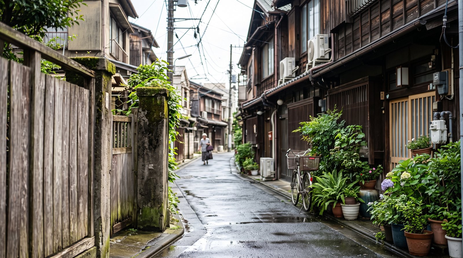 雨上がりの東京下町の細い路地。左手に苔むしたコンクリートの門柱と古い木の板塀、右手に紫陽花やシダの鉢植えが並ぶ木造二階建ての家並みが続き、濡れたアスファルトが光を反射している
