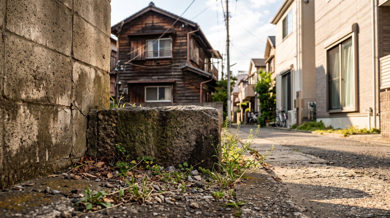 下町の路地で、コンクリートブロック塀の足元に据えられた風化した石の境界標と、奥に建つ古い木造家屋