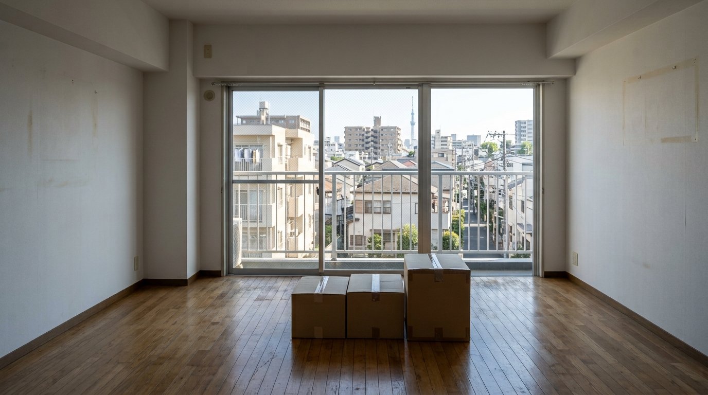 家具が運び出されて空になったマンションの一室。フローリングの床に段ボール箱が3つ置かれ、大きな掃き出し窓の外に東京下町の低層住宅が広がる