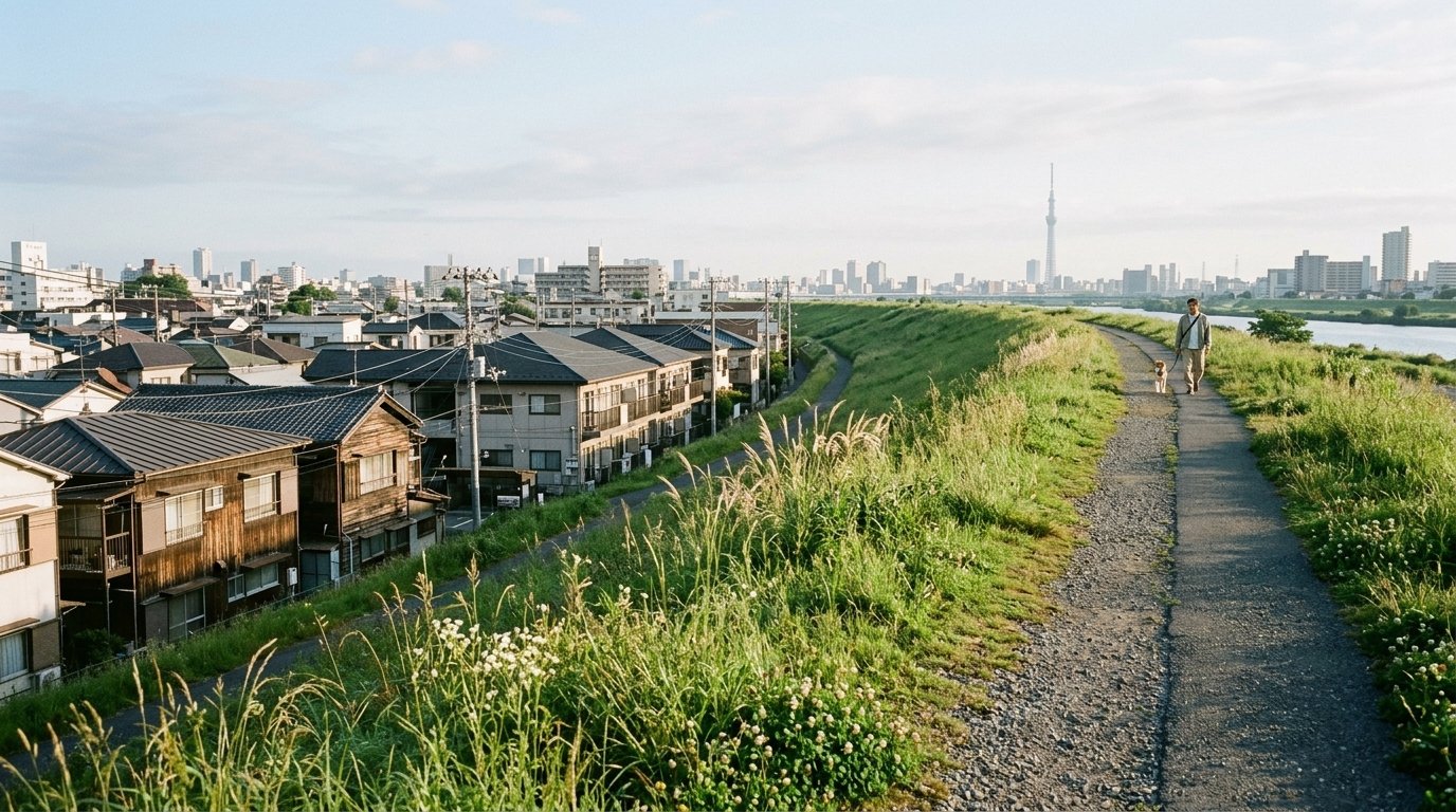 朝の光の中、大きな川沿いの芝生の土手を犬と散歩する人。土手より低い位置に木造住宅や低層マンションの屋根が並び、遠くに都心の高層ビル群が見える