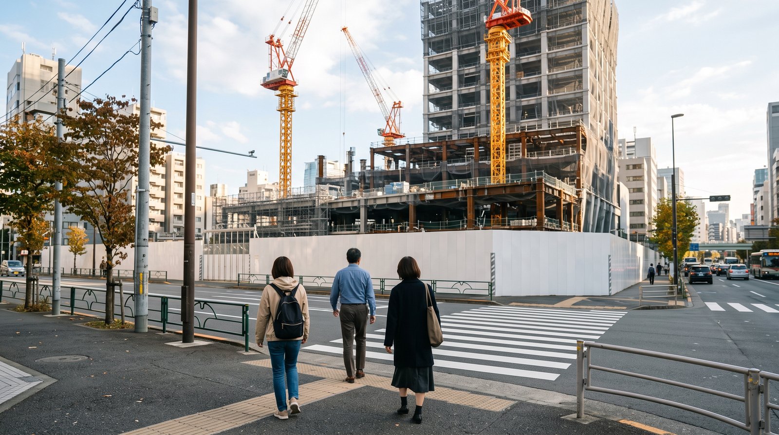 横断歩道の手前から見た市街地再開発の工事現場。白い仮囲いの奥にタワークレーンと建設中の高層建物が見える
