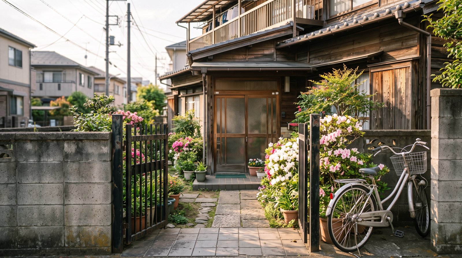 開いた鉄製の門扉越しに見た、築年数の経った木造二階建て住宅の玄関前。左右に低いブロック塀、敷石の通路沿いに植木鉢とツツジの花が並び、右手に自転車が一台停まっている